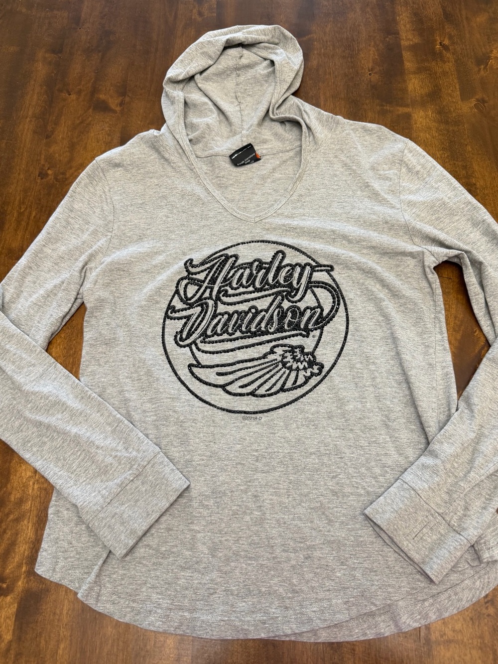 Harley-Davidson Women's Light Gray Hooded Shirt XL Rhinestone Black Gold TX